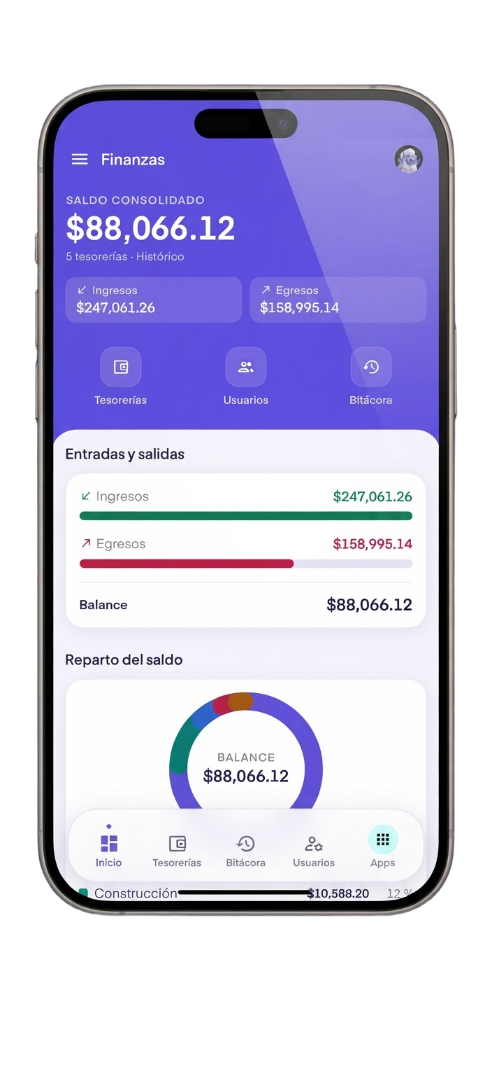 El módulo de Finanzas de AdminFiel en el teléfono: saldo consolidado, ingresos y egresos